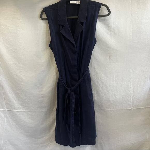 Halston Navy Dress Womens Size 8 Linen Blend Belted Sleeveless Career Business - Picture 1 of 9